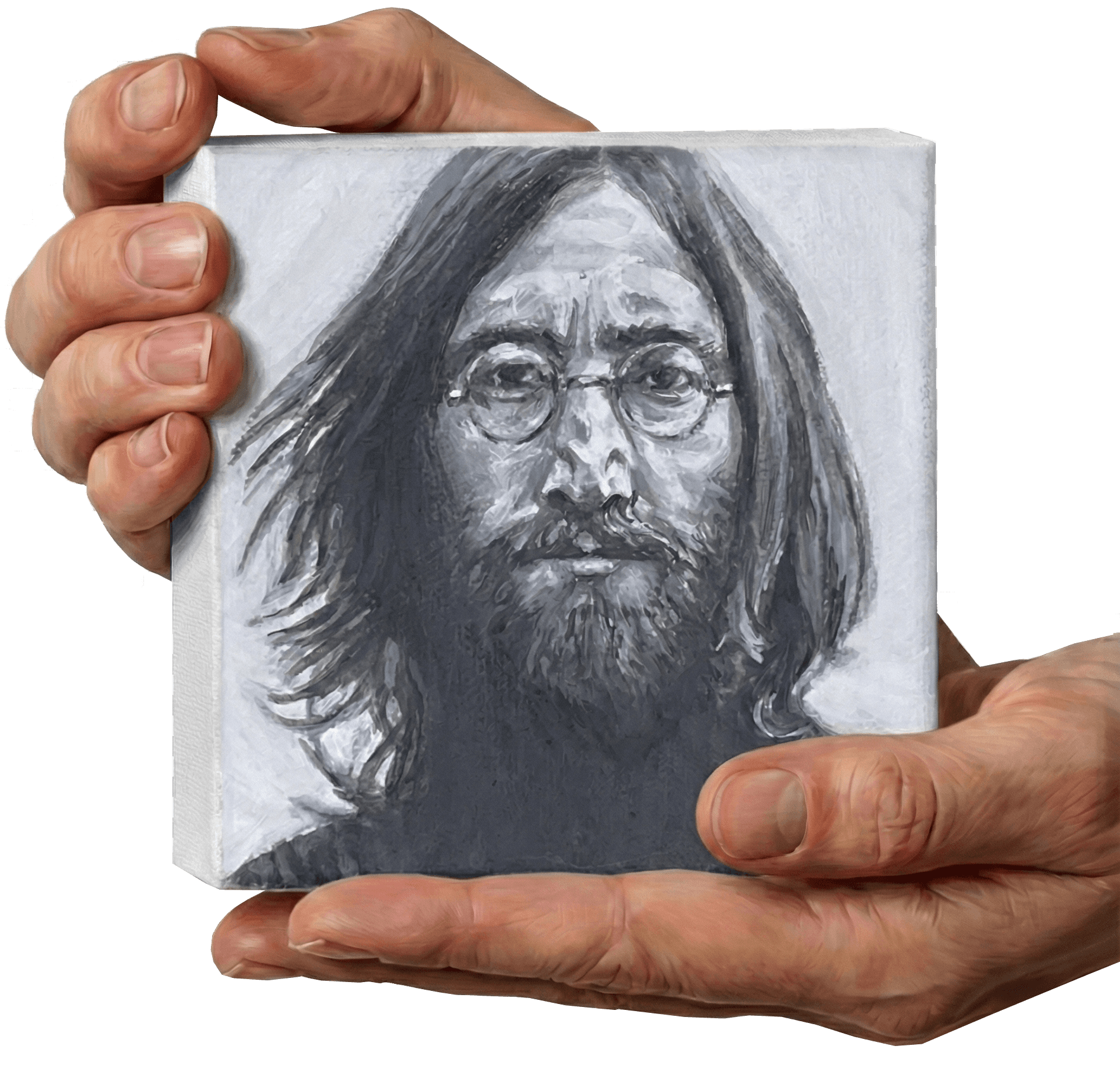 Hand holding Lennon portrait